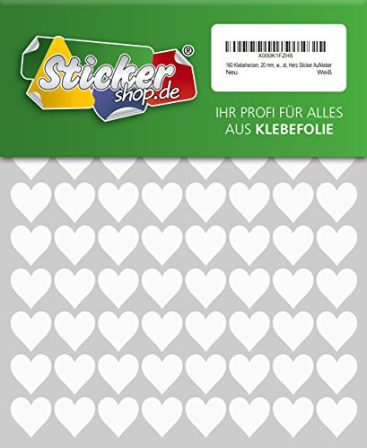 160 Klebeherzen, 20 mm, weiß, aus PVC Folie, wetterfest, Herz Sticker Aufkleber