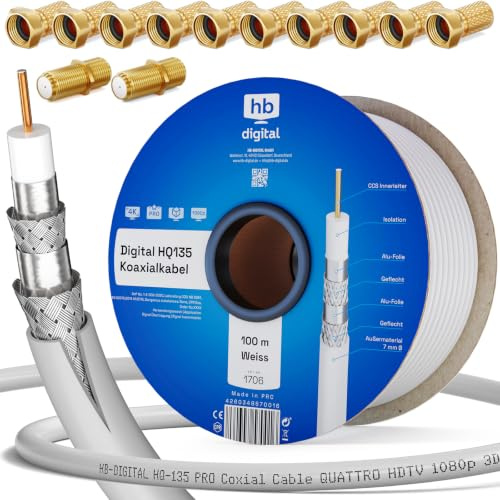 135dB 100m Koaxial SAT Kabel HQ-135 PRO 4-fach geschirmt 4K 8K UHD + 10 F-Stecker 10 Gummitüllen Wetterschutz für DVB-S / S2 DVB-C DVB-T BK Anlagen für Empfang von FULL HD 3D Ultra HD Signalen