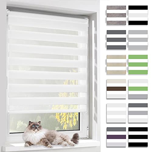 BelleMax Store Enrouleur Jour Nuit,Tissu Double,Rideau sans Perçage,Translucide Occultant Protection Vie privée,pour Fenêtre et Porte,(Largeur du Tissu 35 cm),Blanc,35l x 150L cm