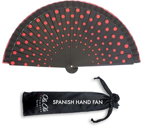 Ole Ole Flamenco Spanischer Handfächer Polka Dot 8 Zoll 21 cm aus Holz zwei Seiten bemalt Abanicos Españoles Lunares (Schwarz/Rote Punkte)