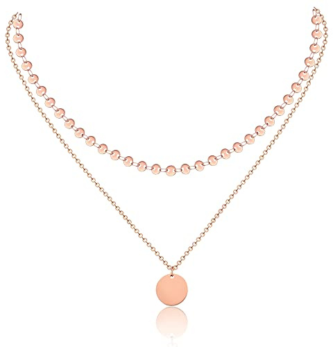 AFSTALR Geschenke für Mama Damen Layered Kette Silber/Rosegold/Gold Plättchen Kette Doppel Multilayer Halskette mit Coin Runden Anhänger Muttertagsgeschenk