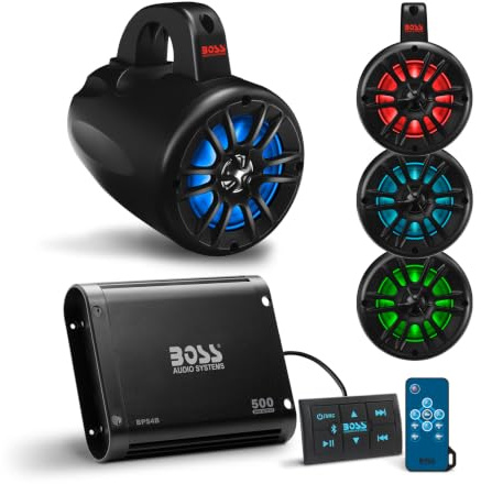 Boss Audio Systems UNI4RGB ATV UTV Marine Audio Stereo System Package - BPS4B Amplificatore Bluetooth a 4 canali a gamma completa, 4 altoparlanti Waketower MRWT40 da 4 pollici, IPX5 resistente alle
