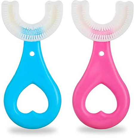 2Pcs Kids Toothbrushes,U Shaped Toothbrush 360°All-Round Cleaning Silicone Teeth Brush for Kids 2-6Years(Blue and Pink)