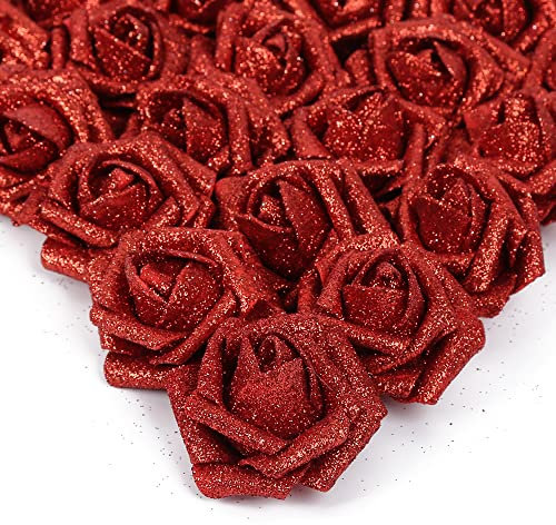 IPOPU Red Roses Artificial Flowers, 25pcs Foam Glitter Roses Fake Roses with Stem for DIY Wedding Bridal Bouquet Home Party Decoration(Red)