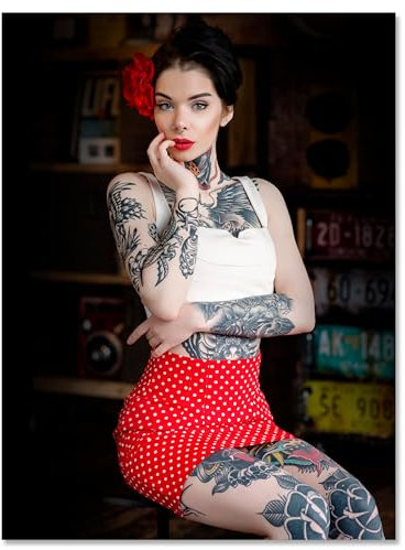 wandmotiv24 Leinwandbild Models, Hochformat, Tattoos, Frau, Model, Pin up, Vintage, Kunst M0476