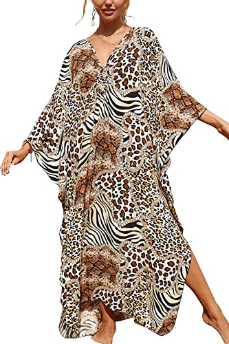 YouKD Lång kaftan för damer, sommarklänning, lång maxiklänning i bohemisk stil, täckande överdragsklänning för bikini, strandklänning, morgonrock, myskläder, en storlek, F Leopard, en storlek