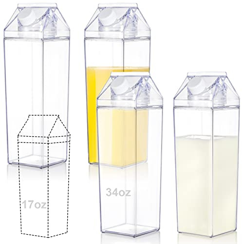 Yarlung 4-pack 34 dl mjölkkartong vattenflaska, klar plastmjölklåda bärbar läckagesäker fyrkantig juiceflaska för utomhussport resor camping