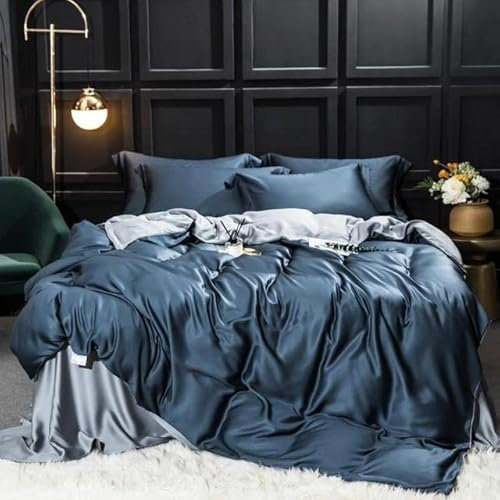 VIRUL Ensemble de literie en Soie Bleu foncé Ensemble de Housse de Couette en Soie Drap Plat Linge de lit Taie d'oreiller