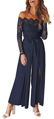 Minetom Damen Spitze Jumpsuit Elegant Schulterfrei Hohe Taille Cocktail Party Festlich Overalls Playsuit Hosenanzug Romper Mit Gürtel B Blau L