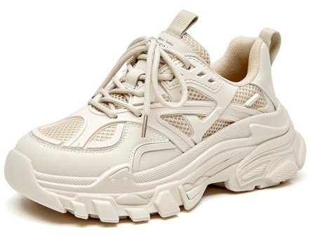 BEAU TODAY Chunky Sneakers for Women, Fashion Platform Sneakers Dad Shoes for Women, Casual Lace-up Walking Shoes Beige US 8