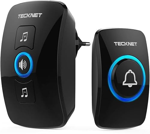 TECKNET Sonnette sans Fil Étanche IP65, Portée 400 m, Kit de Sonnette de Porte sans Fil, 60 Mélodies, 5 Niveaux de Volume, Flash LED, 1 Émetteur et 1 Récepteur, Noir