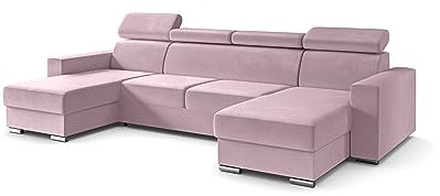 ALTDECOR Ecksofa in U-Form mit Schlaffunktion und Bettkasten mit Gasdruckfeder, Polstercouch Wohnlandschaft rückenecht gepolstert, ideal als Gästebett - FIX - 306x168 cm Rosa