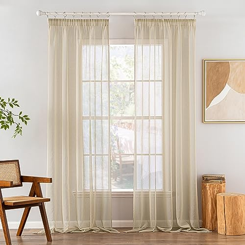 MIULEE Gardinen Vorhänge mit Kräuselband 2er Set Gardine Vorhang Gardinen Wohnzimmer aus Sheer Voile Curtains Transparent Schlafzimmer Beige 140 x 225 cm