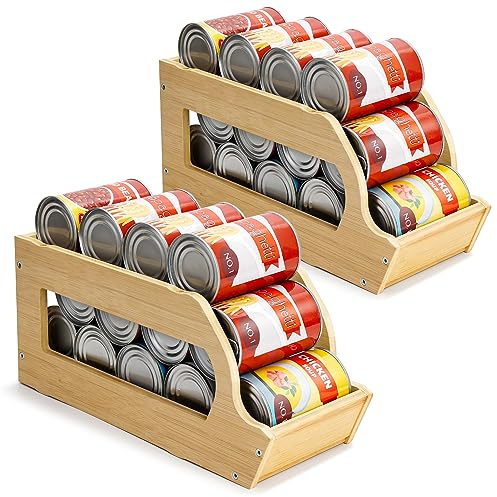 Yumkfoi Can Organizers and Storage for Pantry, Stackable Can Dispenser | Bamboo Soda Can Organizer Beverage Drink Holders, Can Dispenser for Pantry, Kitchen, Cabinet (2 Pack)