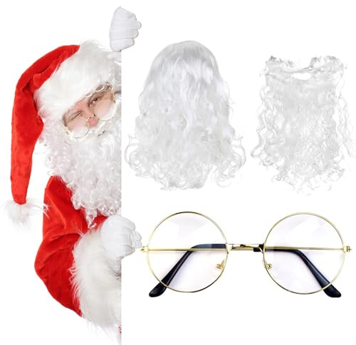 REFORUNG Weihnachtsmannbart + Perücke Weihnachtsmann + Brille, Nikolausbart Bart weiß Weiss - Perücke Santa Claus Perücke und Bart Set Ruprecht Gott Karneval Cosplay Weihnachten Kostüm Wig mit Bart