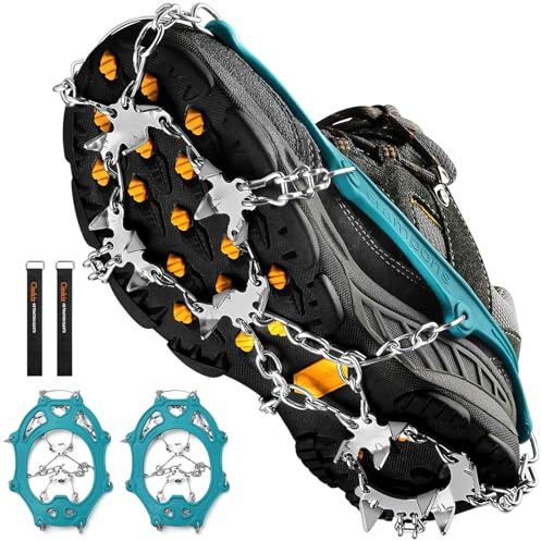Grödel Steigeisen für Bergschuhe mit 19 Zähne Verdickte Schuhkrallen aus Edelstahl Anti-Rutsch Schuhspikes für Mann Frau Erwachsene Kinder Fit für Wandern Trail Running Trekking