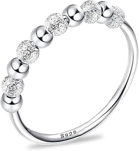 925 Sterling Silver Anxiety Range,Anxiety Stress Band Ring Fidget Spinner Bead Ring Fidget Ring with Frosted Beads Thumb Ring Stress Reliever Rings with Rotatable Beads for Women Girls (P-1/2)