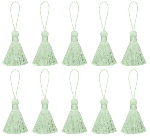QUARKZMAN Lesezeichen Quasten - 14 Stück 13,5 cm/5,31 weiche Mini-Quaste mit Kordelschlaufe für Schlüsselanhänger Taschenanhänger handgefertigte DIY-Bastelaccessoires, Minzgrün
