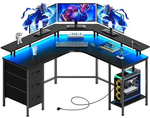 Seventable L-förmiger Gaming Schreibtisch mit LED-Beleuchtung & Steckdosen, Eckschreibtisch mit 3 Stoffschubladen & Ablage, Computertisch für Home Office & PC-Gaming,Schwarz, 119 × 119 × 88 cm