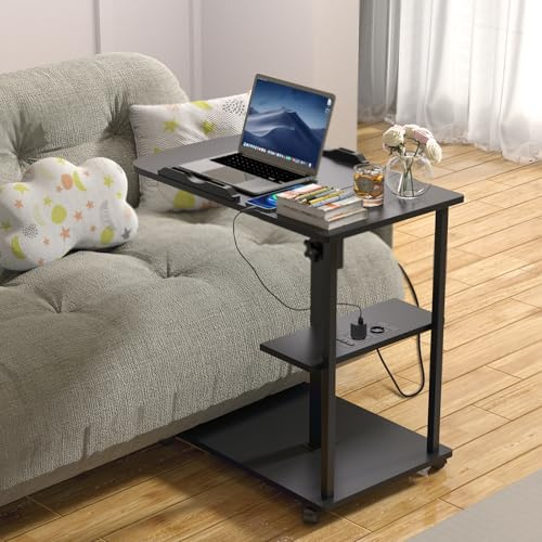 Nachttisch mit Steckdose Beistelltisch mit Rollen Rutschfesten Seiten Couchtisch Höhenverstellbar Laptoptisch Der Desktop Kann Umgedreht Werden Nachttische Tisch Wohnzimmer Betttisch Sofatisch Schwarz