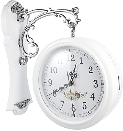 BIUDECO Doppelseitige Retro Wanduhr Mit Rotation Stilvolle Doppelseitige Hängende Uhr Für Wohnzimmer Und Modernes Design Geräuschlos Weiße Metalloptik Dekorative Hauswanduhr
