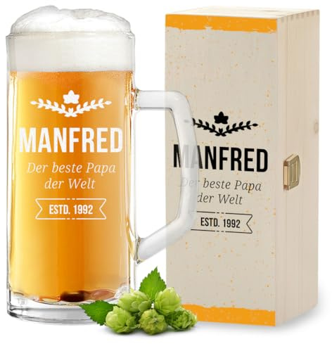 polar-effekt Bierkrug 0,5 Liter mit Gravur & Holzkiste mit Druck Bester Papa - Geschenk-Set mit Namen zum Vatertag - Glas für Pils, Lager, Export und Weizen - BPA-Frei