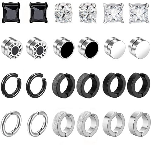 12 Pares Pendientes Magnéticos de Acero Inoxidable para Hombre y Mujer - Imán Sin Agujero, Clip Falsos Magnet Aro Set Plata Negro