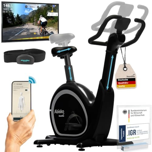 Skandika Abisko träningscykel | Biljusteringar. styre och sadelhöjd, kompatibel med appar, EMS-motstånd, max. 135 kg och 190 cm, LED-skärm, 36 motståndsnivåer | Fitnessenhet (svart)