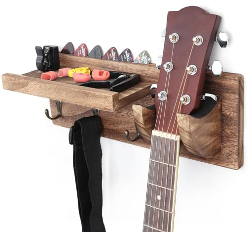 VINCOURNA Gitarrenhalter für die Wand, Gitarren Wandhalterung mit Regal, Wandhalterung Gitarre, Wandhalter Gitarre, Gitarrenhalter für Akustikgitarre, Bass, E-Gitarre, Ukulele - Karbonisiert Schwarz
