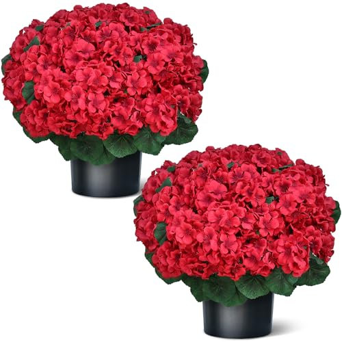 Juxdp Gerani artificiali da 45,7 cm, 2 set per decorazione portico anteriore, fiori in finta seta, resistenti ai raggi UV, piante in vaso per esterni, interni, uffici, giardino, fattoria, decorazione