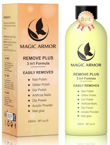 MAGIC ARMOR Solvente per smalto 240 ml, Solvente per Smalto in Gel Senza Acetone, Facile da Staccare, Solvente per Polvere Acrilica per Immersione, per fai da te e Saloni di Bellezza