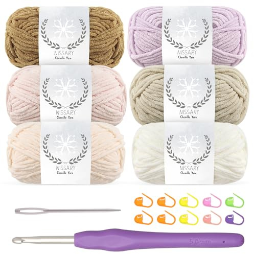 Chenille wolle zum häkeln - 6x50g Flauschige Dicke Wolle Set mit 5mm Häkelnadel, Weiche Häkelwolle für Babyprojekte & Decken, Chenille Garn für Handwerk