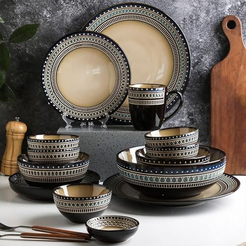 NNYCC Dinner Sets Dinner Sets for 6 People Vintage Plate and Bowl Set Chic Embossed Textured Porcelain is Thick Scratch Resistant Hard Wearing Adding Touch Exoticism The Table,6 Person Suit