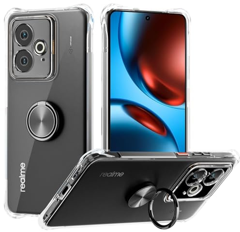 Cover Anello Compatibile con Realme GT 7 / GT 7T, Nero | Custodia Trasparente Silicone con Anello Ruotabile Cavalletto Quattro Angoli Anti-Caduta Crystal Clear Case