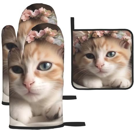 Lot de 3 gants de cuisine et maniques résistants à la chaleur de 260 °C - Gants de cuisine et coussinets chauds - Motif chat mignon - Pour la cuisson, le barbecue