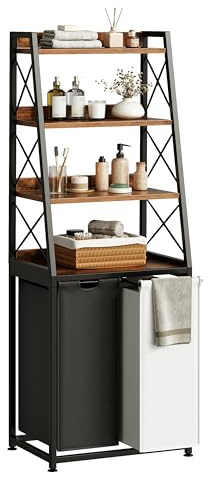 Herture Laundry Basket, 2 Section Laundry Hamper with 4 Tiers Shelf, Pull-Out and Removable Laundry Bags, Large 2 x 15.87 Gallons, for Bedroom Bathroom Rustic Brown PF11XLN