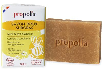 PROPOLIA - Bio - Savon Doux Surgras Visage & Corps - Miel & Lait d’Ânesse - Nourrissant & Apaisant - 100% Naturel - Peaux sensibles - Fabriqué en France - Pain de 100 g