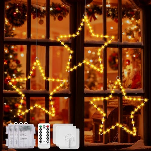 Lypumso Luces de Navidad Estrella, 3 Piezas 45 LED Cortina de Luces Estrella a Pilas, Luz Ventana Navidad 8 Modos, Temporizador IP44, para Decoracion Navideña Interior Exterior, Ventana, Balcón,Fiesta