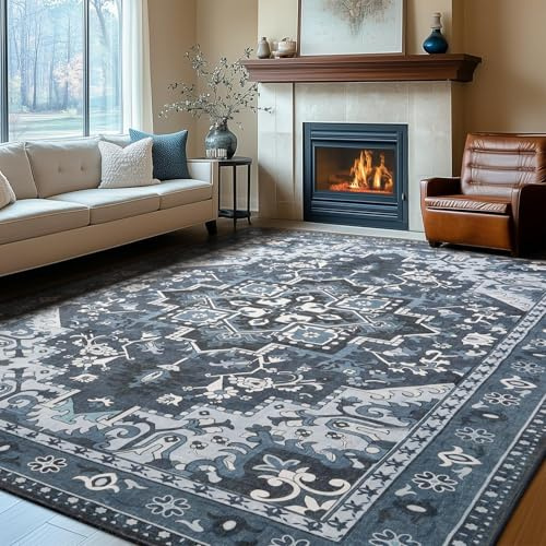 Rugflix 10x14 Area Rugs Machine Washable, Dark Navy Blue Carpet for Living Room, Oriental Indoor Area Rug Low Pile, Large Soft Thick Carpets Non Slip, Farmhouse Vintage Rug for Bedroom Dining Room