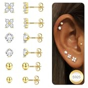 CASSIECA 6 Paires Clous d'Oreilles Femme Argent 925 Boucles d'Oreilles Hypoallergenique Rondes Zircone Cubique Boucle d'Oreille Helix Tragus Piercing Plaqué Or 16K/Argent