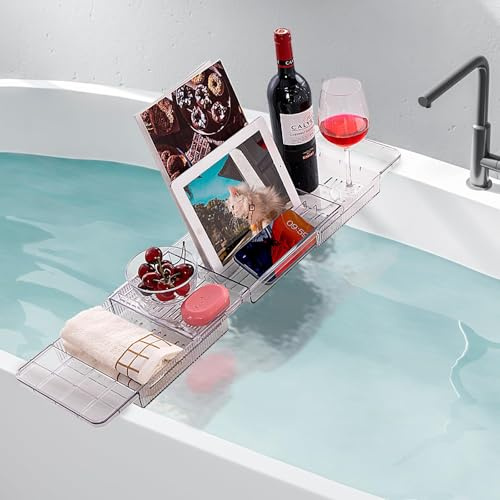 YEENAIV Acrylic Expandable Bath Caddy Tray Adjustable Bathtub Tray Board Organizer Trays for Bathroom, Bath Caddy Bathroom Accessories Fits Most Bathtub