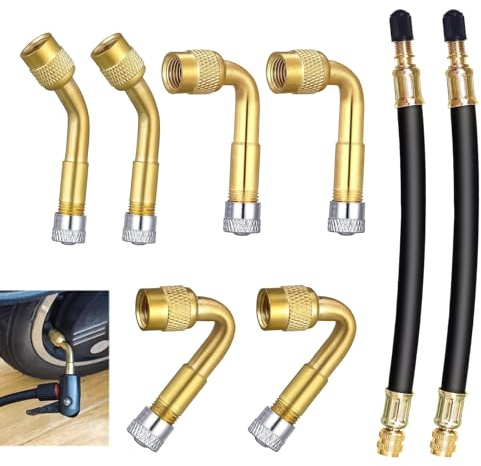 8 Pièces Rallonge Valve Pneu Universelle, Extension Valve Pneu Coudées 45° 90° 135°, 2 Tubes Flexibles 180 mm Laiton Caoutchouc, Adaptateur Valve pour Voiture Moto Vélo Camion Camping-Car Remorque