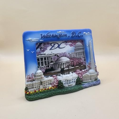 Washington DC Souvenir Ceramic Photo Frame, Hand Painted, Rectangle, Free Standing, Rear-Loading, Capitol White House fits 3 X 2 Photo (6.25 X 4.75 Small Blue Panorama)