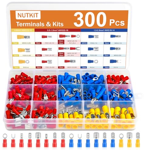 NUTKIT 300 Pcs Electrical Crimp Connectors, 17 Insulated Terminals, 0.5-6mm² Cable Lugs Set, Crimp Spade Bullet Cable Ring Wire Connectors, Male/Female Insulated Terminal