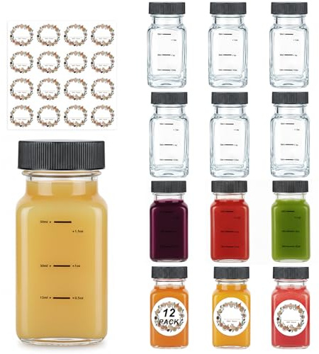 WERTIOO Glass Shot Bottles with Lids - 12 Pack 60ml/2oz Mini Shot Jar with Sticker Juice Bottles for Ginger Shots, Seasoning,DIY Skincare, Travel and Kitchen Storage