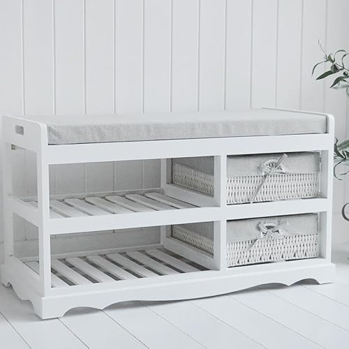 Asukale Schuhbank Sitzbank mit Stauraum – Schuhregal mit 2 Körben, Sitztruhe mit Sitzkissen – Flurbank Kommode für Eingangsbereich & Wohnzimmer, 80 cm x 34 cm x 45 cm