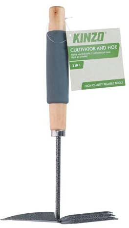 Outil Jardin 2en1 Serfouette & Griffe 30cm KINZO - Manche Bois Poignée Mousse - Binette à Main pour Désherbage & Aération Pots