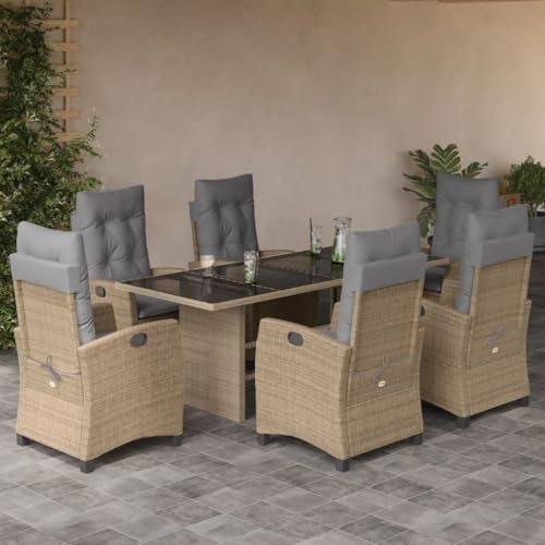 RMIHSJG 7-TLG. Gruppo da giardino con cuscino misto polyrattan, seduta in rattan sintetico con schienale regolabile e piano in vetro per terrazza, mobili da esterno durevoli