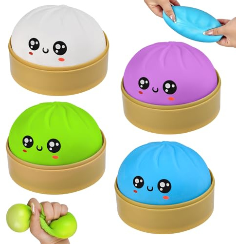 4 Stück Dumpling Squishy, Giant Dumpling Squishy Fidget Toys with Steamer Box, Mystery Box Dumplings Squishies Stressball, Anti Stress Spielzeug zur Angstlinderung für Kinder Erwachsene
