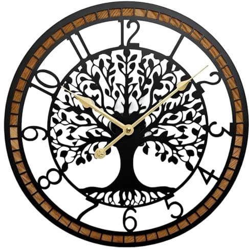 Chewtoyo Orologio da parete con albero della vita, 40 cm, decorativo per soggiorno, struttura in metallo oro nero, design con albero cavo, dettagli in legno, ottimo regalo decorativo per la casa